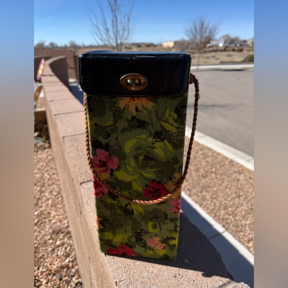 Vintage Floral Fabric Box Bag with Braided Rope Handle & Brass Clasp